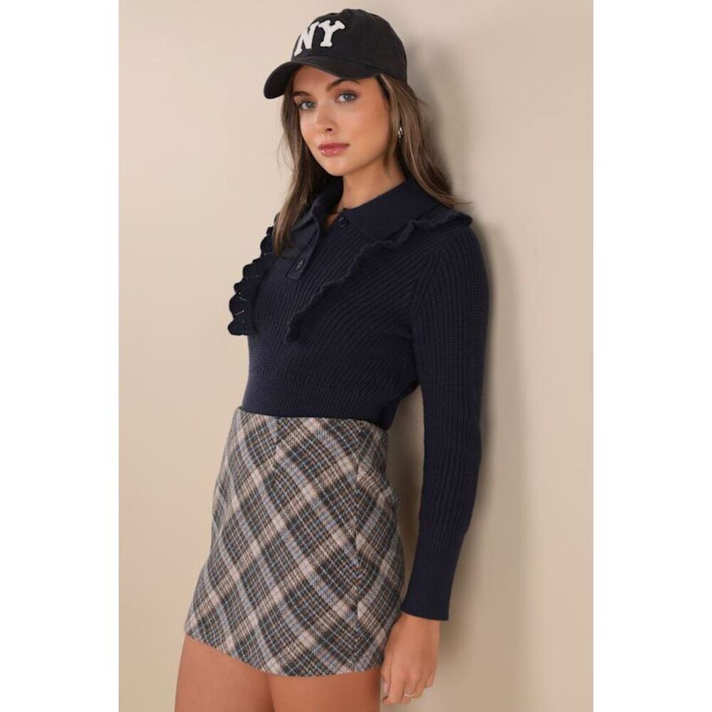 Lulus Vibrant Season Beige And Blue Plaid Mini Skirt - Size XL